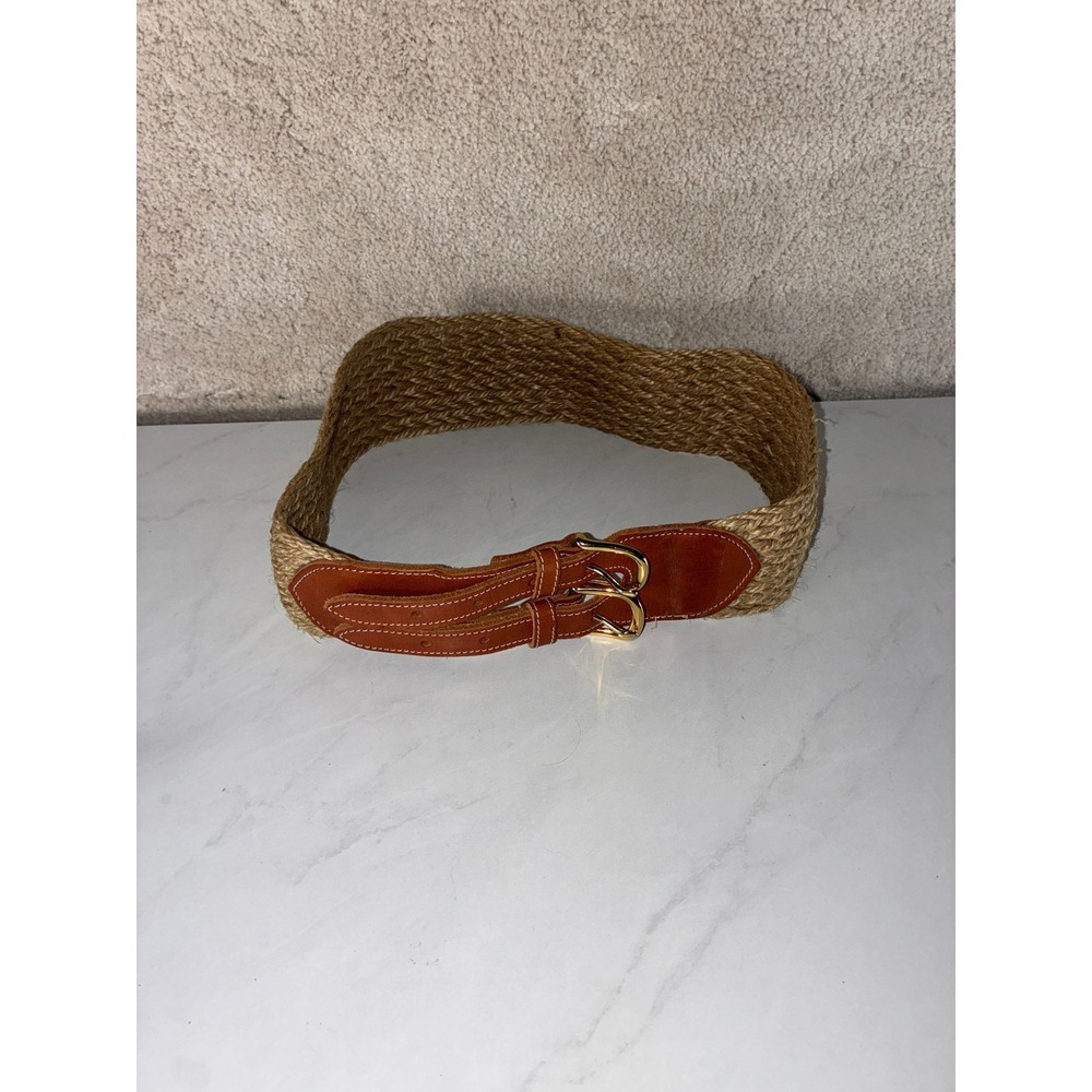 Ann Taylor Tan Jute Woven Belt - M - Leather Double Buckle Boho Coastal Vintage